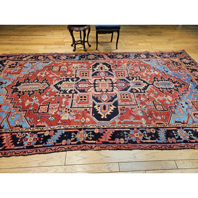 Antique Persian Heriz Serapi Gallery Rug, Hand-Knotted Wool, Geometric Medallion Pattern, Red & Blue, 7x12 For Sale - Image 9 of 11
