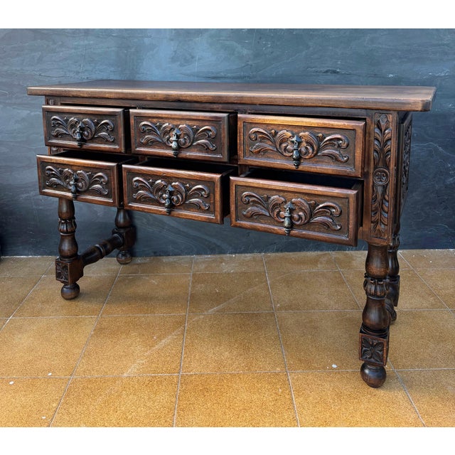 Spanish Renaissance Revival Oak Six-Drawer Console with Carved Panels, 1930s For Sale - Image 6 of 9