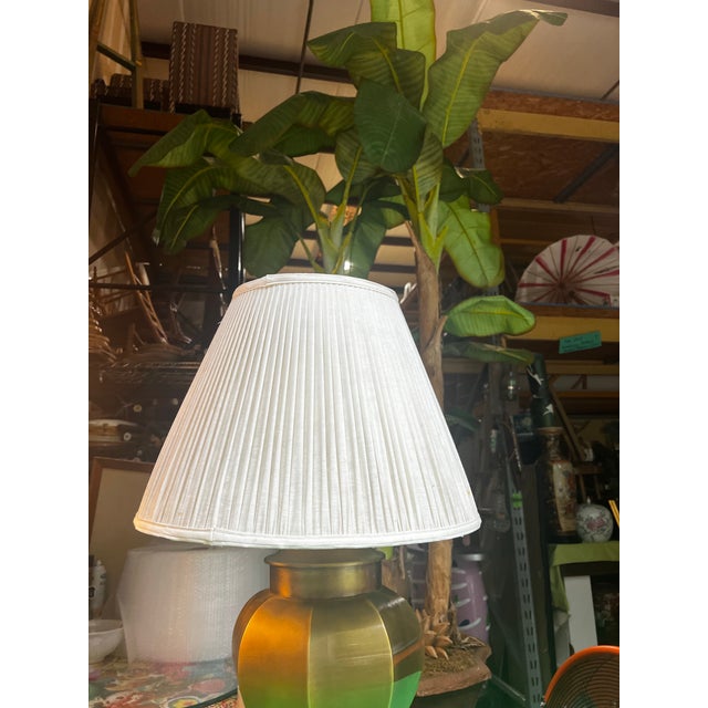 Metal Large Vintage Brass Table Lamp With White Lampshade For Sale - Image 7 of 10