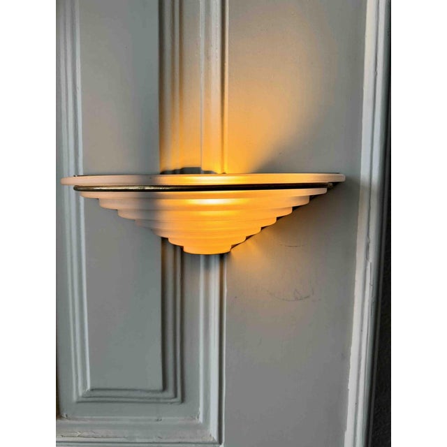 White Art Deco Sconces in Brass and Frosted Glass, Portugal, 1940s, Set of 2 For Sale - Image 8 of 16