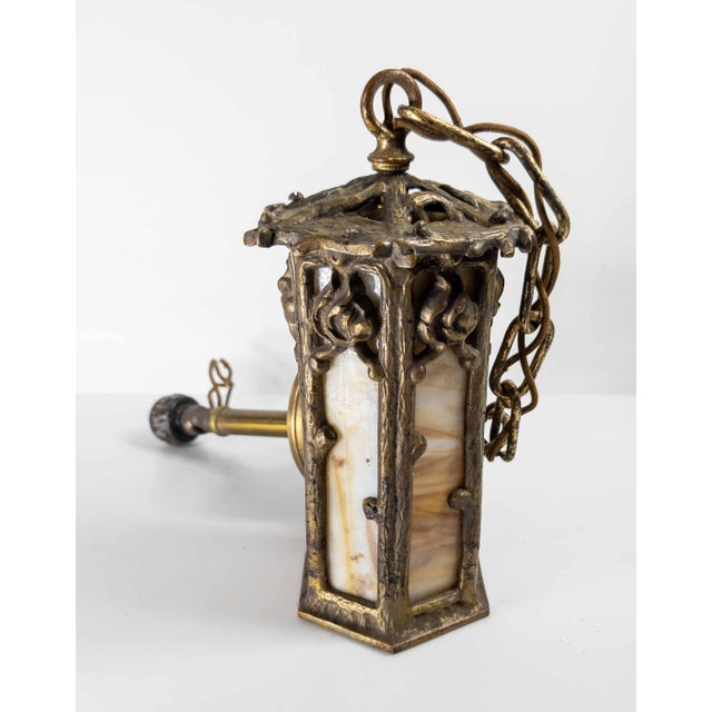 Metal 20th Century Arts & Crafts Brass and Slag Glass Gothic Tudor Revival Pendant Light For Sale - Image 7 of 15