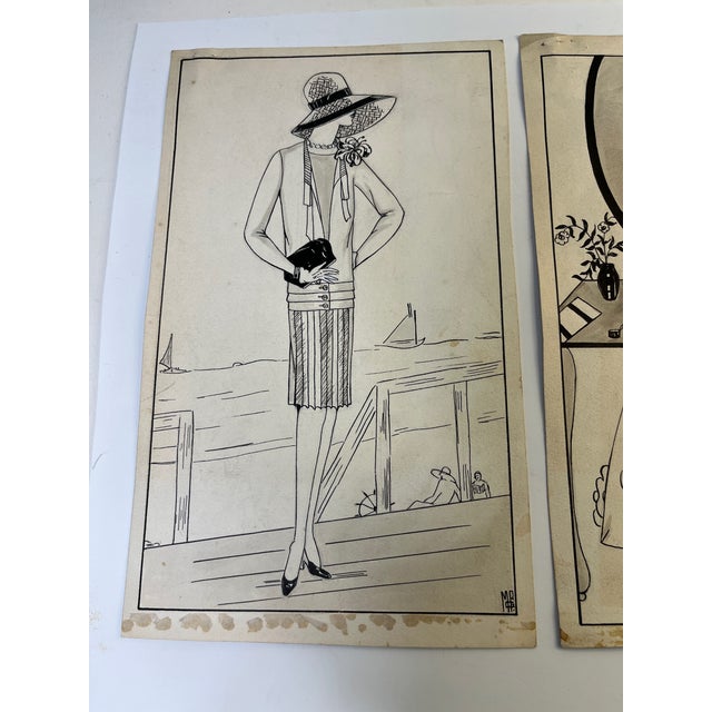 Art Deco Vintage Original Fashion Illustration Drawings - Set of 2 For Sale - Image 3 of 9