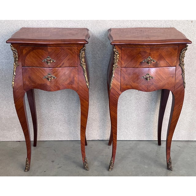 Antique Louis XV French Marquetry With Drawers Nightstands, Set of 2 For Sale - Image 4 of 12