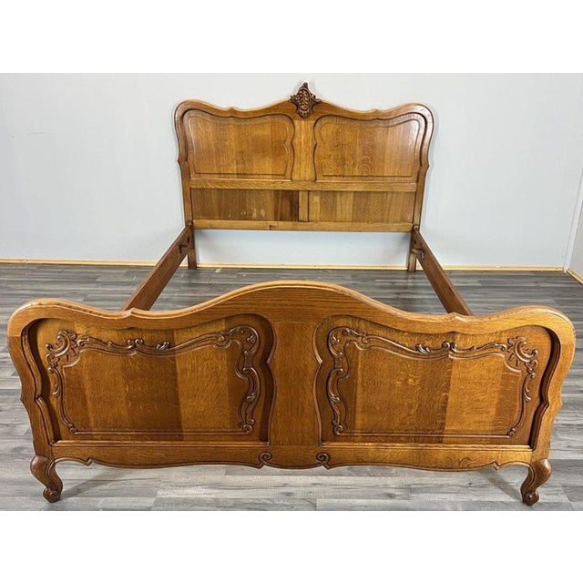 Vintage French Louis XVI Oak Double Bed Frame with Carved Headboard For Sale - Image 12 of 12