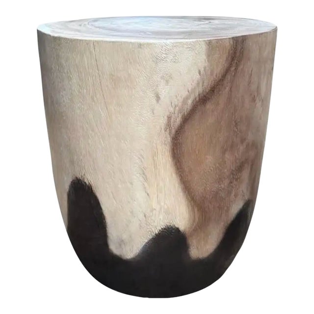 Solid Mango Wood Round Side Table, Modern Organic, Natural & Burnt Finish For Sale