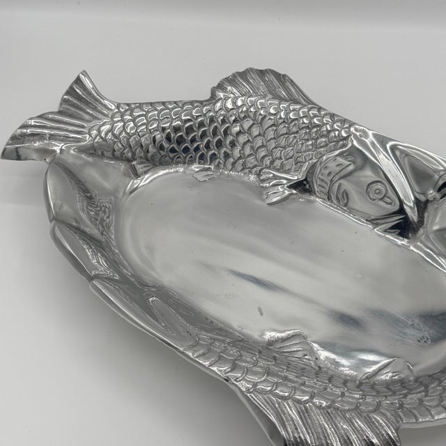 English Vintage Sculptural Cast Aluminum Double Fish Serving Platter For Sale - Image 3 of 7