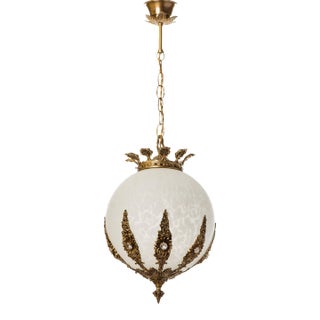 1950s Spanish Hollywood Regency Brass Globe Pendant Light, Textured Frosted Glass Chandelier For Sale