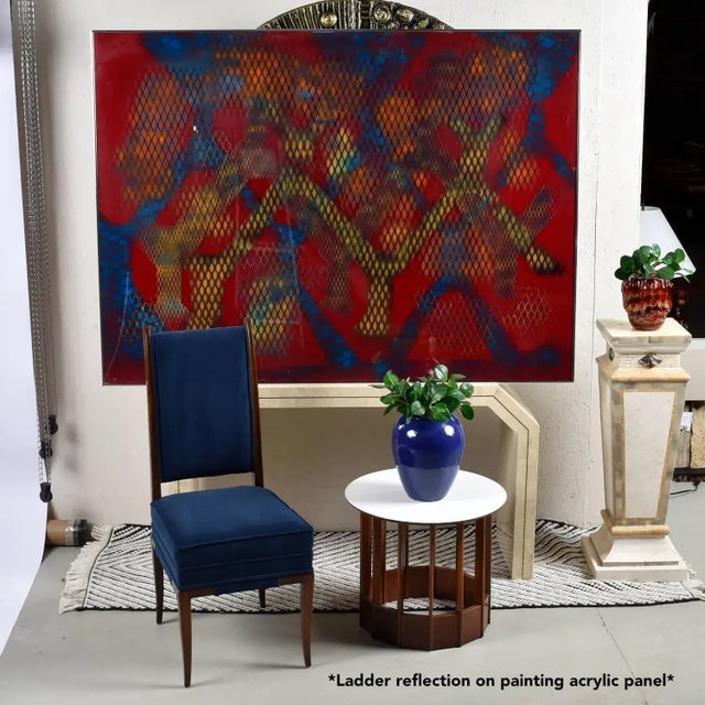 Jack Beckemeyer 1976 Large Red Blue Orange and Yellow Printed Acetate Painting For Sale - Image 6 of 9