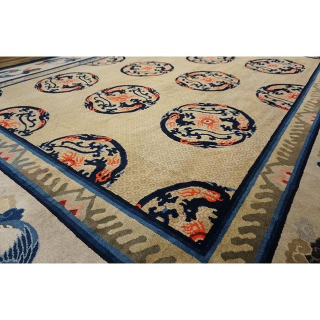 Ivory 1920s Ivory and Blue Dragon Roundels Antique Chinese Baotou Room Size Rug For Sale - Image 8 of 10