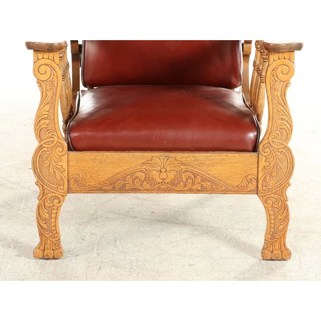 1910s S.A. Cook Upholstered Oak Recliner Chair With Carved Lion Head and Scrollwork For Sale - Image 4 of 10