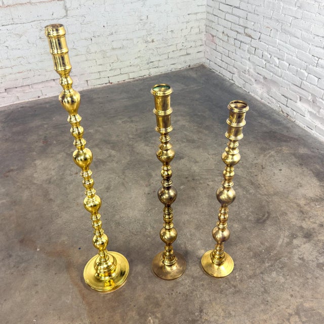 20th Century Moroccan Bohemian & Boho Chic Style Set of 3 Tiered Turned Brass Floor Candlesticks For Sale - Image 16 of 18