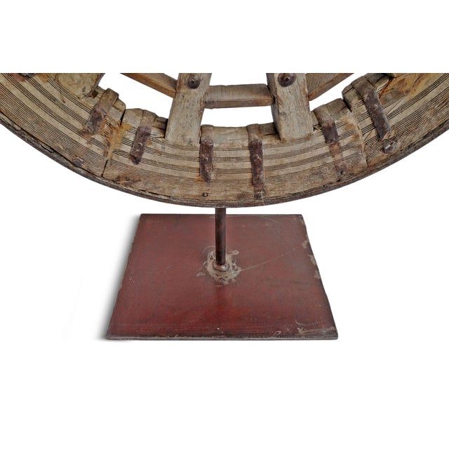 Antique Rustic Farmhouse Ox Cart Wheel on Stand For Sale In Los Angeles - Image 6 of 7