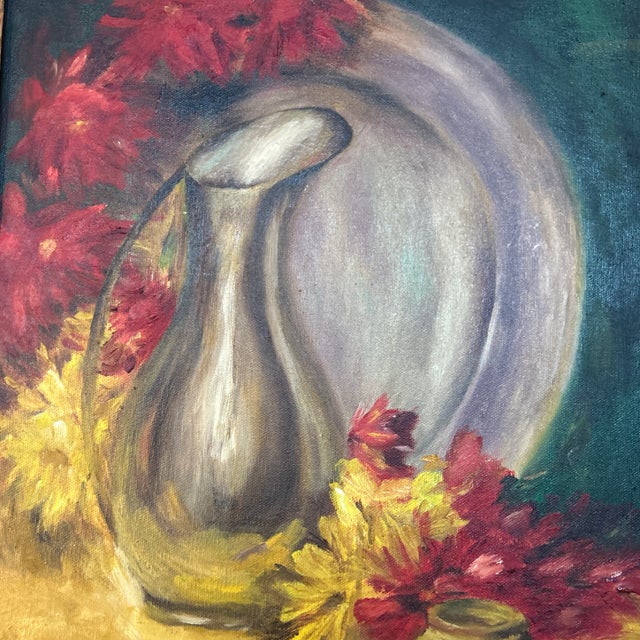 1970’s original still life with pitcher and flowers on canvas. Signed and framed. Measures 14x18 or 18x22 framed. Check...