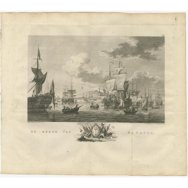 Antique print Batavia titled 'De Reede van Batavia'. Beautiful view of the sea near Batavia (Jakarta, Indonesia), with...