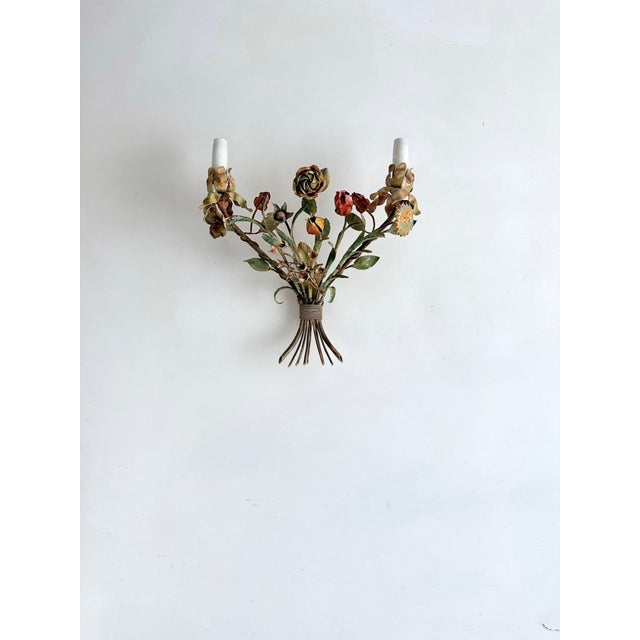 Italian Hand-Painted Tôle Rose Bouquet Two-Light Wall Sconce, 1950s For Sale - Image 6 of 15