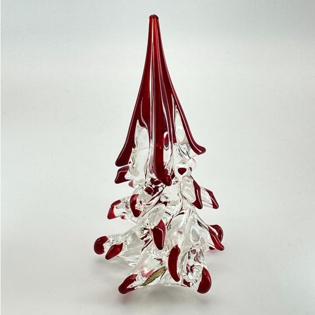 Mid 20th Century Mid 20th Century Murano Italian Art Glass Christmas Tree Sculpture 8" (Red Drip Tips, Original Foil Label, Vintage Mid-Century) For Sale - Image 5 of 15