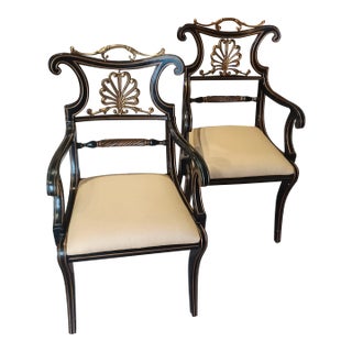 Vintage Pair of Regency Style Ebonized Painted Arm Chairs For Sale