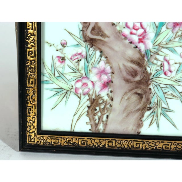 Chinese Chinese Famille Rose Plaque, Long-Tailed Bird on Flowering Peach Branch For Sale - Image 3 of 8