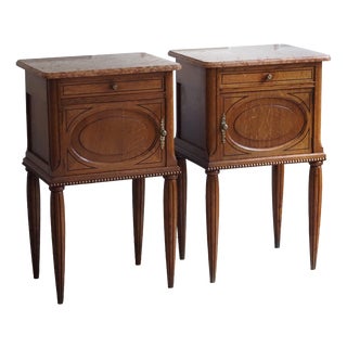 Antique Louis XVI Style Bedside Tables in Oak and Marble, 1920, Set of 2 For Sale
