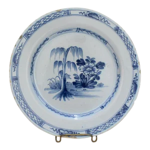 Antique 18th C English Delft Chinoiserie Plate With Willow Tree & Lotus Bush