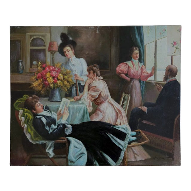 Mid-20th Century Signed H. Becker - Interior Genre Scene With Figures, Oil on Canvas For Sale