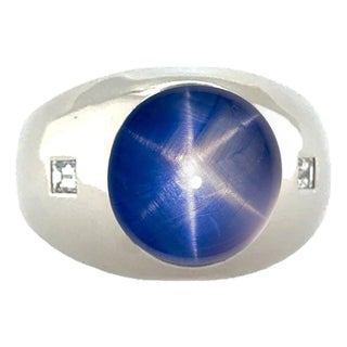 Late 20th Century Platinum Blue Star Sapphire Ring, Size 5 For Sale