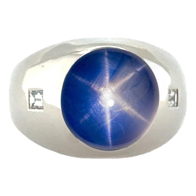 Late 20th Century Platinum Blue Star Sapphire Ring, Size 5 For Sale