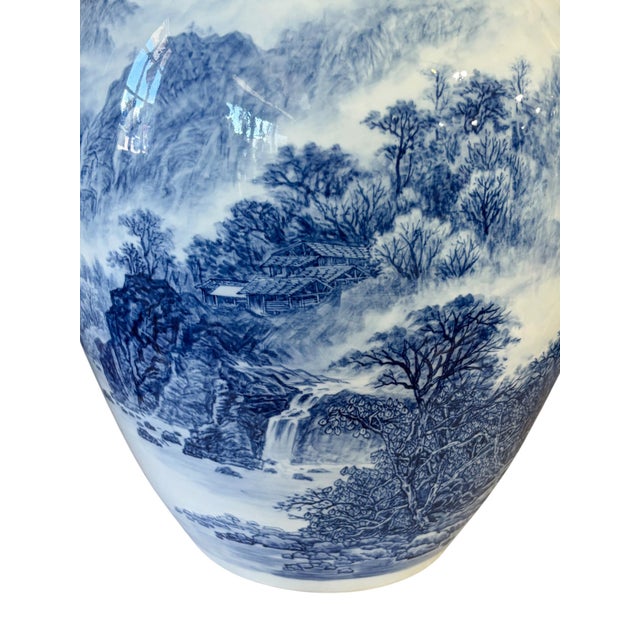 Vintage Chinoiserie Egg Shaped Blue and White Vase 16" H For Sale - Image 9 of 10
