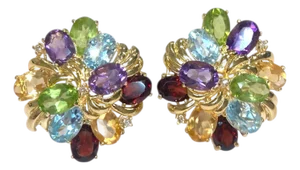 Vintage 14k Gold Multi Gemstone Tutti Frutti Earrings, A Pair