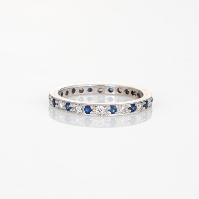 Diamond Sapphire Eternity Ring Size 4.75 Vintage 14k White Gold Band Fine Jewelry For Sale - Image 4 of 5