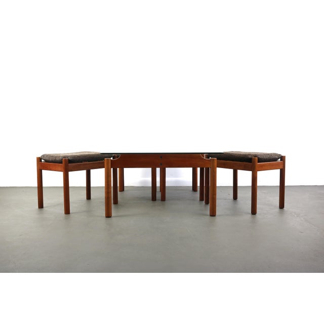 Brown Glass Coffee Table and 4 Nesting Stools in Teak Attributed to Jorgen Baekmark - 6 Pieces For Sale - Image 8 of 13