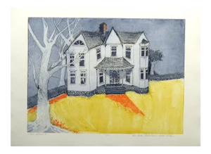 1980 "1601 Charles St." Folk Art Style House Portrait Etching by Lin Carte Anderson