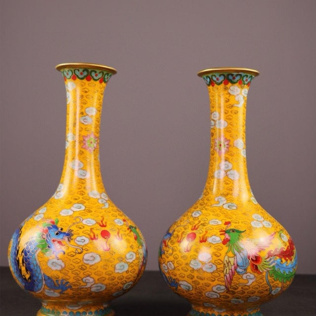 Pair of Vintage Chinese Cloisonné "Dragon & Phoenix" Vases - 3750g For Sale - Image 4 of 9