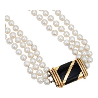 Mid 20th Century Vintage Cartier Cultured Pearl Necklace Triple Strand 6mm 18k Gold Onyx Clasp For Sale