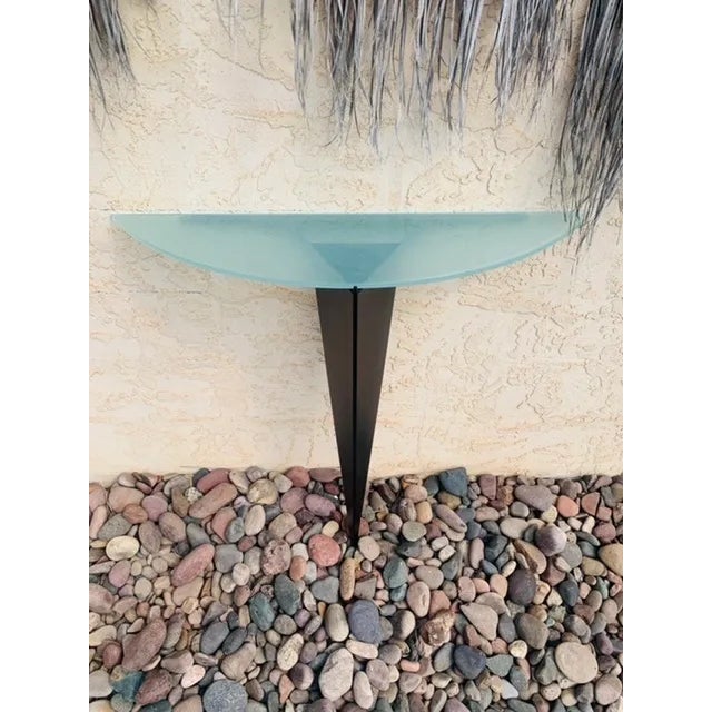 Postmodern 1990s Postmodern Black Metal Stiletto Pedestal With Frosted Glass Console Table For Sale - Image 3 of 4