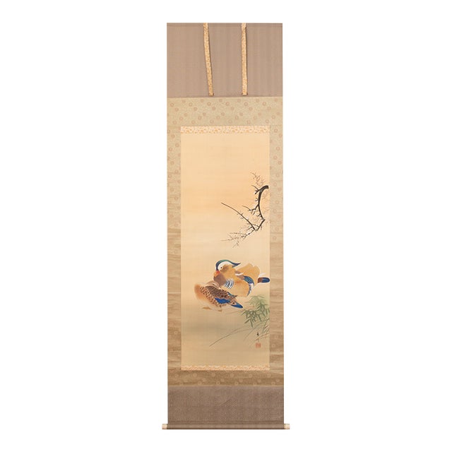 Meiji or Taisho Era Japanese Painted Scroll Painting "Sakura and Ducks" For Sale