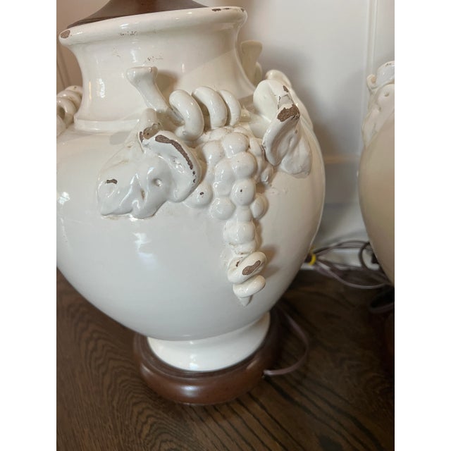 Pair Vintage French Ceramic Cream Glazed Vine Grape Theme Lamps For Sale In Atlanta - Image 6 of 13