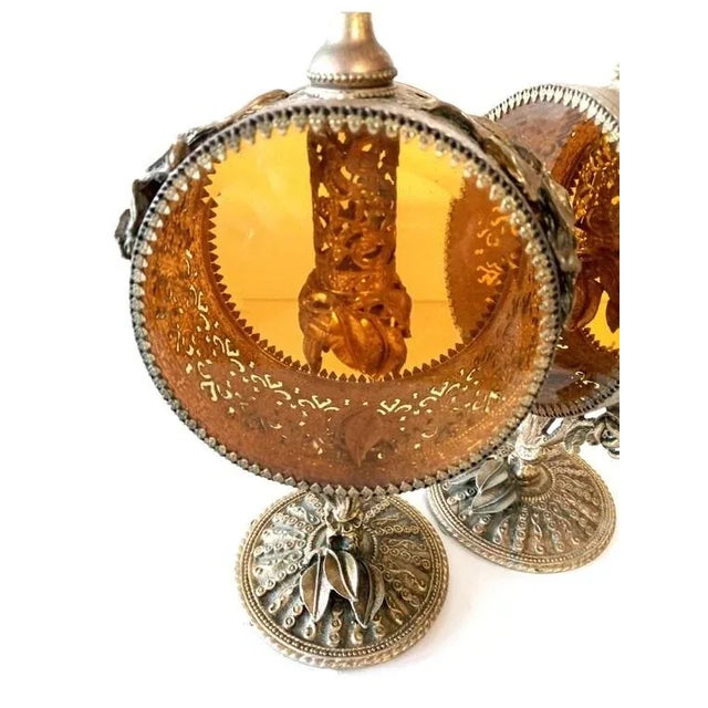 1960s Large Ormolu Pierced Amber Glass Perfume Bottles- a Pair For Sale - Image 4 of 6