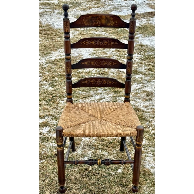 Vintage Hitchcock Harvest Paint Decorated Ladderback Rush Seat Dining Chairs - Set of 4 For Sale In New York - Image 6 of 12