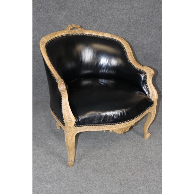 Black Paint Decorated Walnut Leather French Louis XV Style 1950s Era Bergere Chairs For Sale - Image 8 of 15