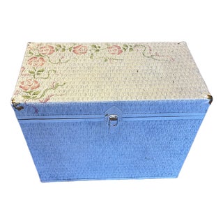 Vintage Blue Painted Wicker Storage Trunk With Pink Roses For Sale
