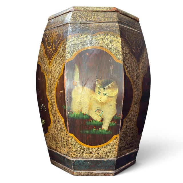 Mid 20th Century Unusual Kitten & Goldfish Octagonal Rice Barrel Hand-Painted Lacquer Wood 17.5" For Sale - Image 17 of 18