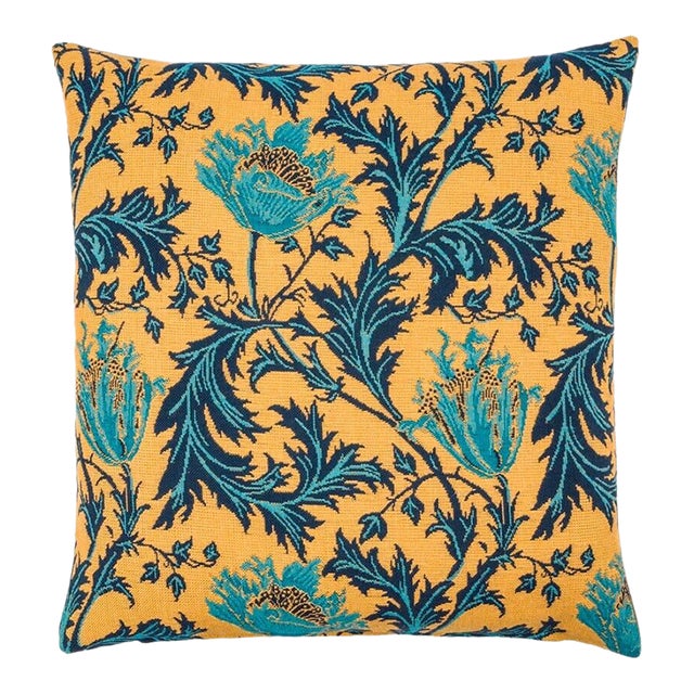 Morris Anemone Blue Gold Tapestry Cushion With Feather Filler - 55 X 55cm For Sale