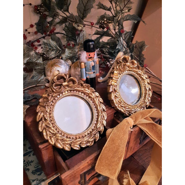 Gold Mirror Christmas Ornament Laurel Bow Wreath Pair For Sale - Image 9 of 9