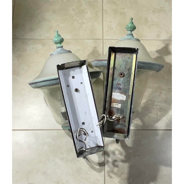 Turquoise Pair of Vintage Solid Brass Outdoor Sconces - Large Verdigris Patina Lanterns For Sale - Image 8 of 16