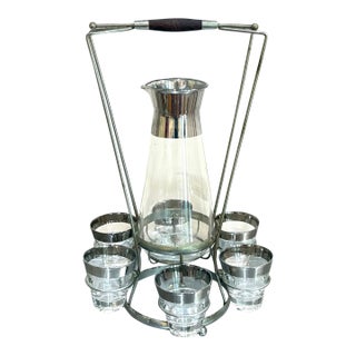 Dorothy Thorpe Style Midcentury Silver-Rim Decanter & Glasses Set W/ Carrier For Sale