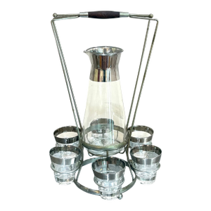 Dorothy Thorpe Style Midcentury Silver-Rim Decanter & Glasses Set W/ Carrier