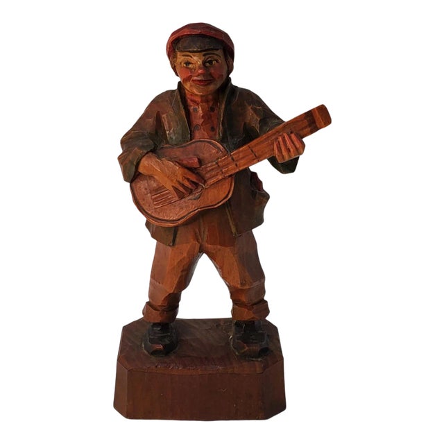1954 Italian Anri Folk Art Guitar Player Wood Carving For Sale