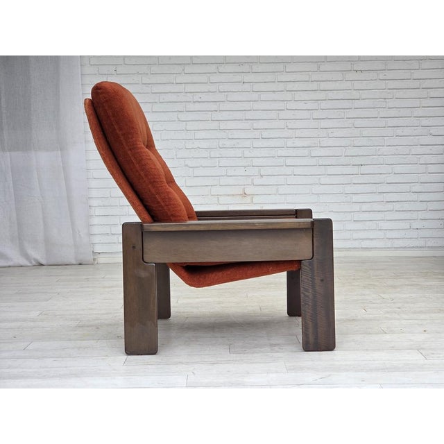 Danish Armchair in Orange-Red Velour and Dark Oak Wood, 1970s For Sale - Image 4 of 17
