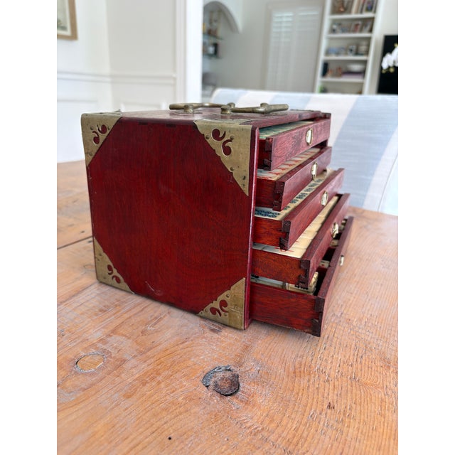 Vintage Chinese Mahjong Set, Bone & Bamboo Tiles, 5-Drawer Rosewood Case With Brass Hardware For Sale - Image 13 of 13